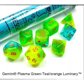 Lab dice 5: Gemini Plasma Polyhedral Green-teal/orange  7-die set