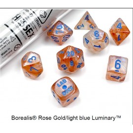 Lab dice 5: Borealis Polyhedral Rose Gold /light blue Luminary 7-die set